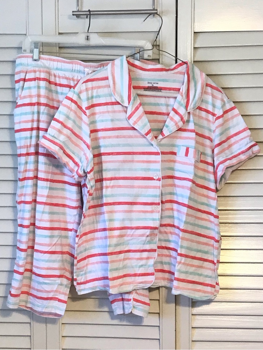 Karen Neuburger Women’s Pajama Set - White with Pink, Orange & Blue Stripes